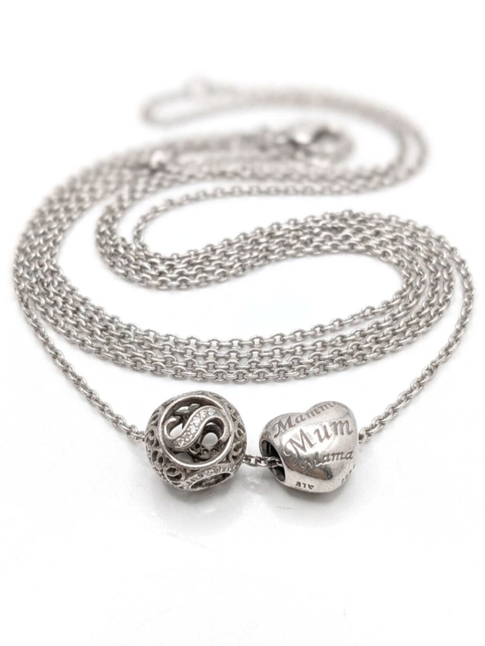 Pandora Sterling Silver Long Chain Necklace S925 Mom Heart & Crystal Pavé Charms